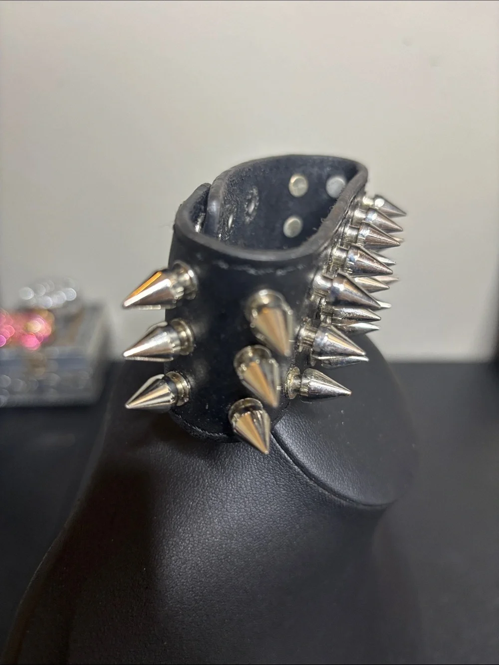 Edgy Emo Black Leather Spiked Wide Cuff Bracelet Unisex